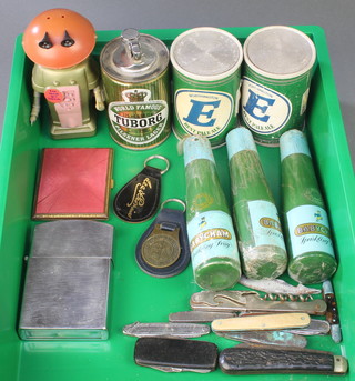 2 Worthington E pale ale portable radios in the form of tins of beer, ditto Tuborg table lighter, 3 Babycham candles, various pocket knives and other curios etc