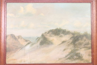 M Friberg, oil on canvas, study of sand dunes with distant boats 18 1/2" x 26" 