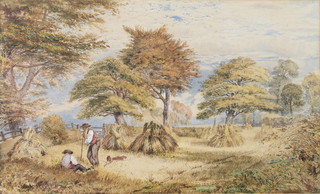 19th Century watercolour, monogrammed JG Sep '59, study of farm workers in a hay field 12" x 20 1/2" 