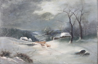 Joel Owen 1915, oil on canvas, moonlit snowy scene with sheep in an extensive landscape 15" x 23" 
