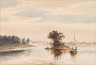 An Edwardian watercolour, unsigned, figures in boats in a river landscape with distant town 7 1/4" x 10 3/4" 