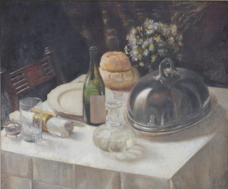 EMC, early 20th Century oil on canvas, monogrammed, table top still life study,  19 1/2" x 23 1/2"