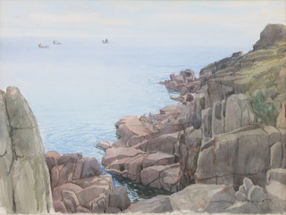 U E  Willats, watercolour, signed, Cornish coastal scene with distant fishing boats 13" x 17" 