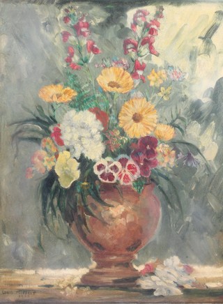 Louis Moffett, 1930, oil on board, signed, still life study of a vase of flowers 19 1/2" x 14 1/2" 