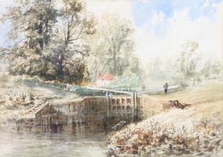 A Montague, watercolour, signed, Lark Gate study with figure and distant building 9 1/4" x 13 1/4" 