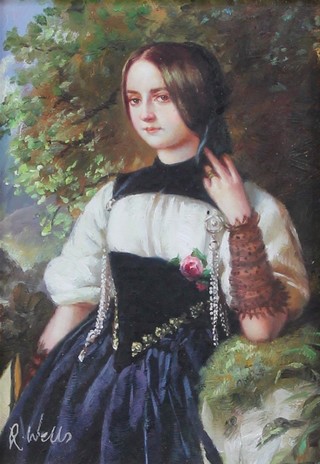 R Wells, oils on panels, portraits of a young lady and gentleman 6" x 4" 