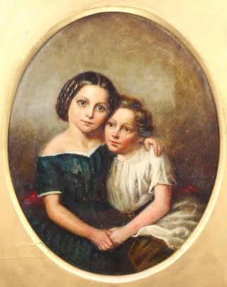 19th Century oval oil on panel, unsigned, study of 2 young girls 14" x 11" 