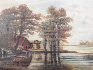 Edwardian oil on canvas, unsigned, lakeside view with buildings 11 1/2" x 15 1/2" 