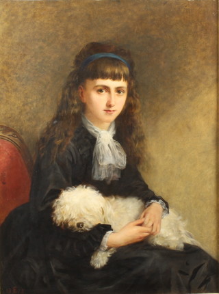 Edwin Long R.A., oil painting on canvas, portrait of a young lady holding a dog on her lap, monogrammed and dated 1873, relined, cleaned and restored, 41" x 29 1/2"