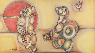 Hargreaves Ntukwana, mixed media on canvas, stylised figures with instruments 29" x 51" 