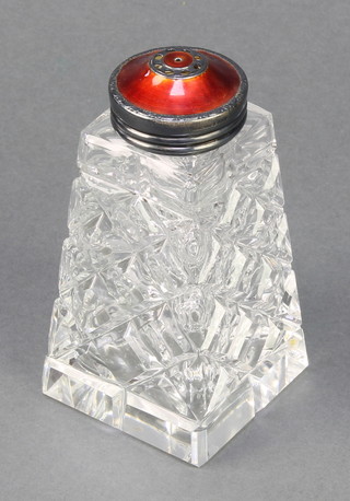 A Sterling silver and red guilloche enamel shaker with faceted body 5" 