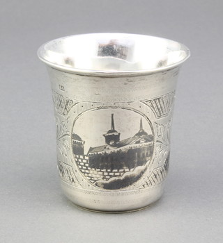 A Russian silver niello cup with panels of palaces 60 grams 2 1/2" 