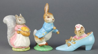 3 Beswick Beatrix Potter figures - Goody Tiptoes 1102 3 3/4", The Old Woman Who Lived in a Shoe 1545 2 3/4" and Peter Rabbit 1098 4 1/2" 