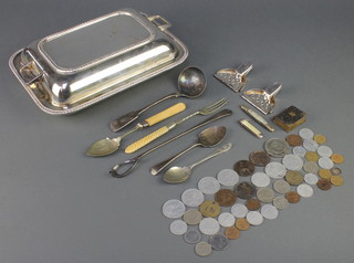 A silver plated entree dish, minor cutlery and coins 