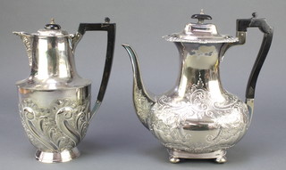 A silver plated repousse coffee pot with ebonised handle, a ditto teapot 