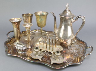 A silver plated engraved 2 handled tray 22" and minor plated items 