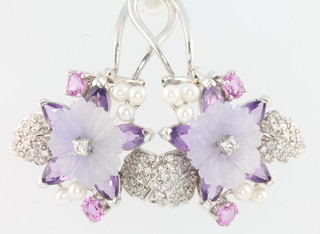 A pair of stylish 18ct white gold lilac jade, pink sapphire, amethyst and diamond floral ear clips 28mm x 25mm 