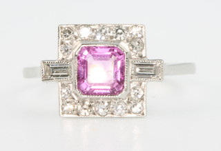 A platinum Art Deco style pink sapphire and diamond ring size N 
