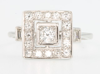 An 18ct white gold Art Deco style square shaped diamond ring 0.7ct 