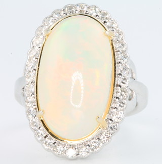 An 18ct white gold oval opal and diamond ring, the centre stone approx. 6.88ct surrounded by brilliant cut diamonds 0.66ct, size N 1/2