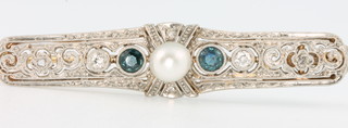 An Art Deco style diamond sapphire and pearl bar brooch 52mm 