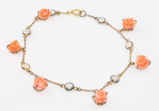 An Edwardian style yellow gold, carved coral and seed pearl bracelet 170mm 