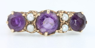 A Victorian yellow gold amethyst and seed pearl ring size O 