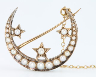 A Victorian gold seed pearl crescent brooch