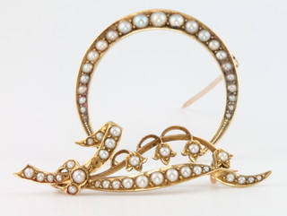 A 15ct yellow gold pearl crescent brooch and an 18ct yellow gold floral pearl brooch 
