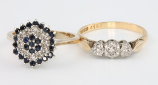 An 18ct yellow gold 3 stone diamond ring and a 9ct yellow gold sapphire and diamond cluster ring size N 1/2 and M