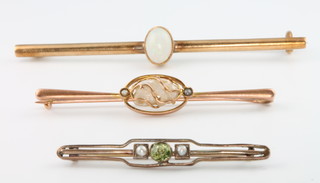 A 9ct yellow gold opal bar brooch, a peridot ditto and baroque pearl ditto 