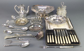 A silver plated 5 bar toast rack and minor plated items 