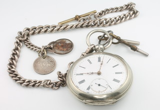 A silver Albert with a plated key wind pocket watch with seconds at 6 o'clock 