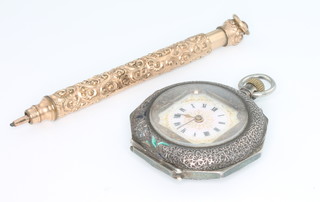 A lady's Edwardian silver and enamelled fob watch, a gilt cased propelling pencil