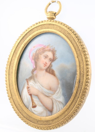 A 19th Century oval porcelain plaque of a classical lady in a gilt metal frame 3" x 2 1/2"  