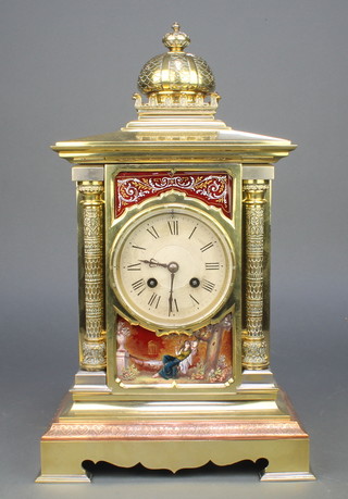 A 19th Century French 8 day striking mantel clock with silvered dial and Roman numerals, contained in a gilt metal and enamelled case (there are 2 cracks to the enamel) 16 1/2" high