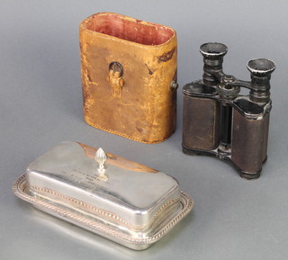 A Chatelain, a pair of French binoculars with leather carrying case  and a plated butter dish