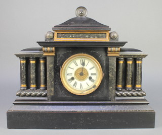Hamburg American Clock Company, a Victorian 14 day striking mantel clock with enamelled dial and Roman numerals, contained in an ebonised architectural style case 