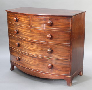 A 19th Century mahogany bow front chest of 2 short and 3 long graduated drawers with tore handles and brass escutcheons 40"h x 45 1/2"w x 22"d 