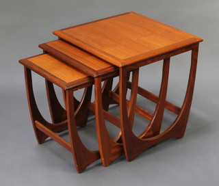 A nest of 3 1960's teak G Plan Astro interfitting coffee tables 20"h x 19 1/2" square, 19"h x 16 1/2"w x 18"d, 17 1/2"h x 14"w x 17"d  