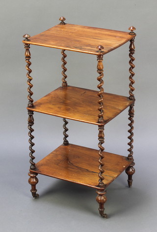 A William IV rectangular rosewood 3 tier what-not with spiral supports, 30"h x 15"w x 12" 1/2d 