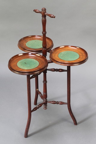 An Edwardian mahogany 3 section cake stand, raised on 3 turned supports with X framed stretcher 30"h x 19"w x 17"d  