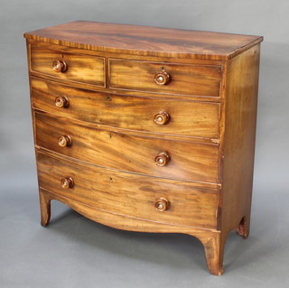 A 19th Century mahogany bow front chest of 2 short and 3 long drawers with tore handles, raised on splayed bracket feet 41 1/2"h x 41"w x 21"d 
