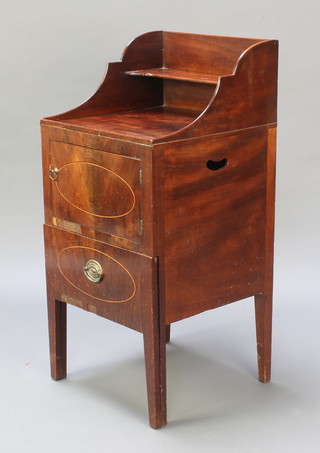 A Georgian mahogany commode with leather inset top, the raised back with three-quarter gallery having handles to the sides above a cupboard, raised on square tapering supports 38"h x 18"w x 18"d 