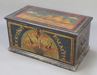 A Victorian rectangular pine coffer with later painted decoration, the hinged lid decorated a 3 masted sailing ship, the front with anchor marked HMS Defiant 1000 T'ns Falm'th, the sides with VR cypher and iron drop handles 19"h x 38"w x 20"d 
 