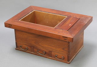 A rectangular Japanese Hibachi hardwood planter  with plate glass top, the base fitted 3 drawers 13"h x 29 1/2"w x 20"d 