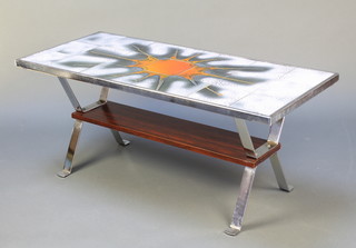 A mid 20th Century chrome and simulated rosewood tile topped coffee table, the top inlaid tiles and raised on a Y framed chrome base 18" x 42" x 18" 