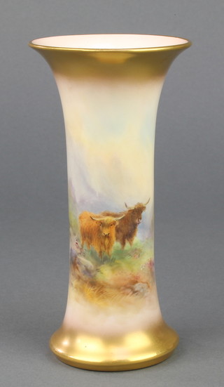 A Royal Worcester spill vase decorated with highland cattle, signed Stinton, 6" 