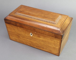 A 19th Century rectangular mahogany tea caddy with shaped crossbanded lid and ivory escutcheon 6"h x 12"w  