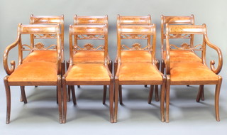 A set of 8 19th Century mahogany bar back dining chairs with shaped pierced mid rails and upholstered seats, raised on sabre supports (2 carvers, 6 standard) 